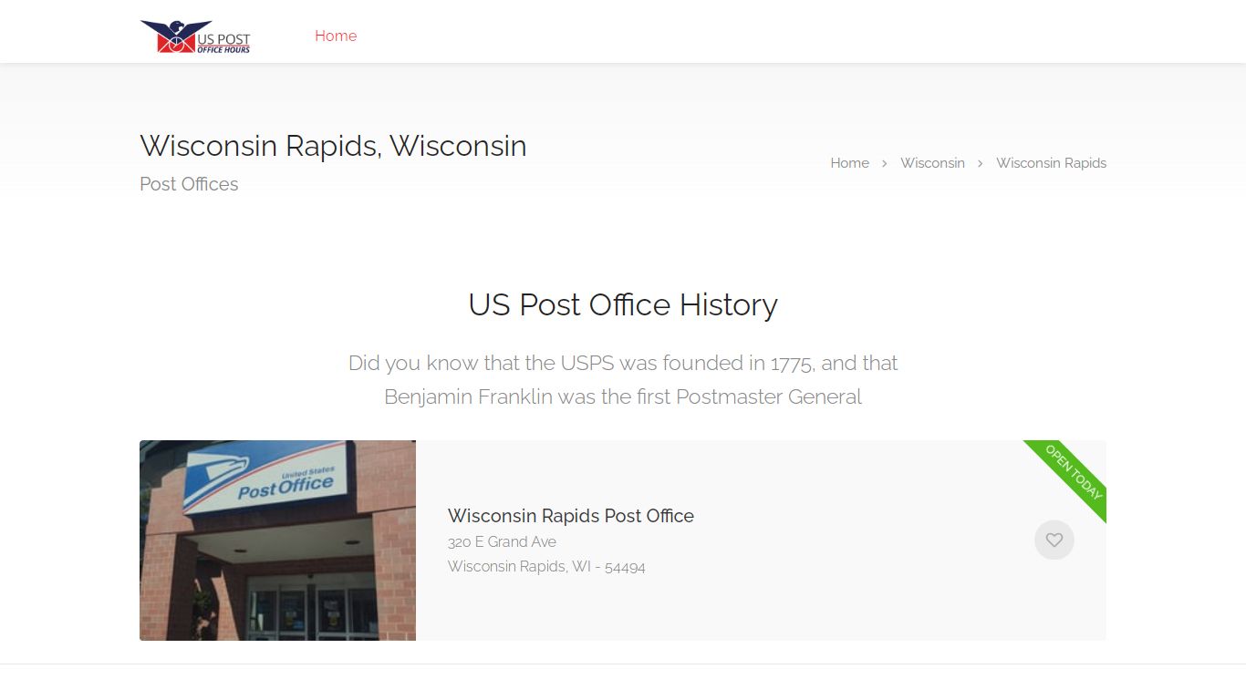 Wisconsin Rapids WI US Post Office Hours and Locations | US Post Office ...