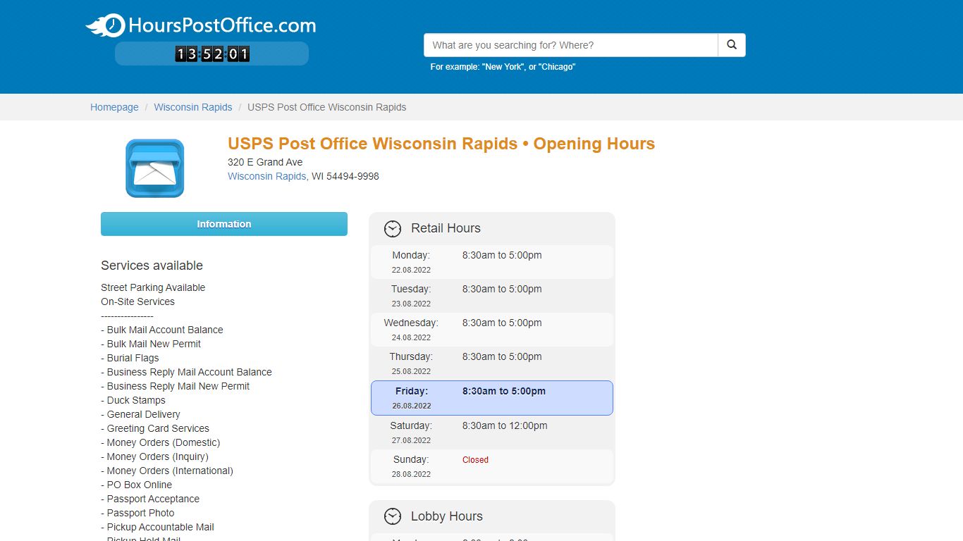 USPS Post Office Wisconsin Rapids • Opening Hours